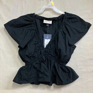 Universal Thread Women's XS Black Crop Peplum Blouse Top V-Neck Ruffle Sleeve